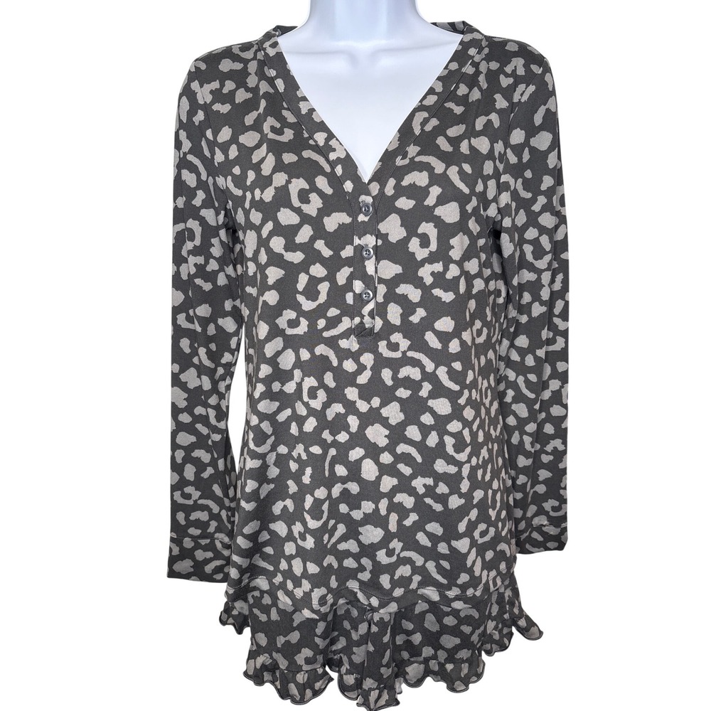 UpWest Gray Leopard Print Henley Pajama Set Sz‎ S Stretch Sleepwear Girly Soft